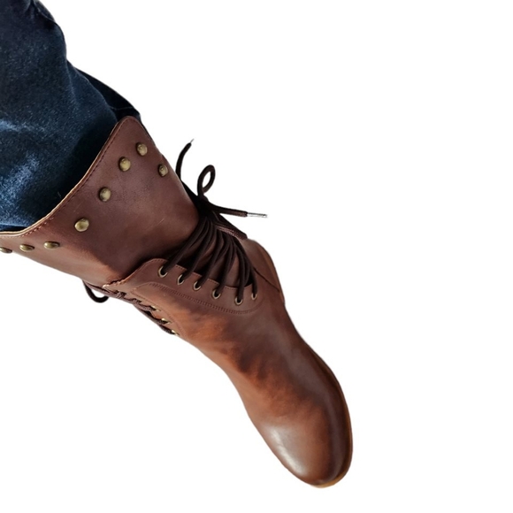 Women Brown Tan Leather Strappy Tie Back Zipper Studded Winter Boot/CN 38/US 7 - Picture 11 of 16